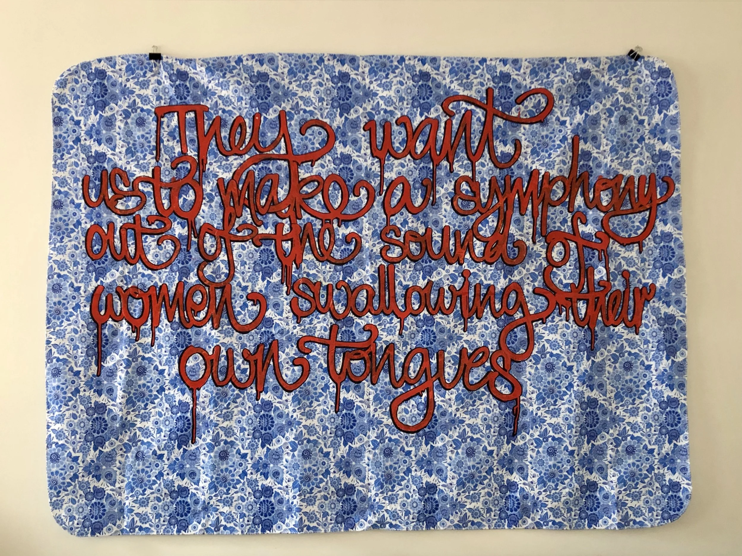 They want us to make a symphony out of the sounds of women swallowing their own tongues... (52x69”), Ink on tablecloth, 2018