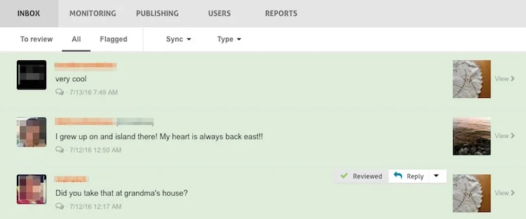 Agorapulse shows comments in the "Inbox" so you can reply.
