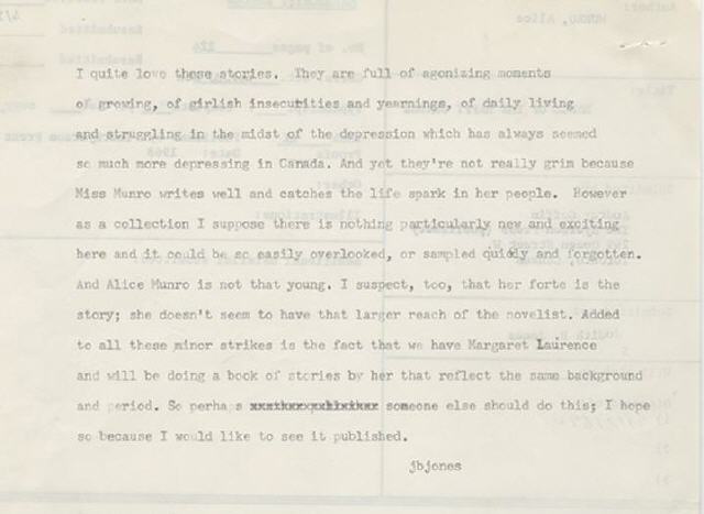 Knopf editor Judith Jones’s 1971 rejection sheet for Alice Munro’s collection, Lives of Girls & Women . Of the Nobel Laureate's prose, Jones contends, "...there is nothing particularly new and exciting here and it could be easily overlooked, or sampled quickly and forgotten." From the Harry Ransom Center Collections .