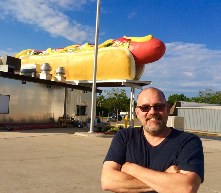 Google maps led him to Weinerlicious in Michigan. Lookit how happy he is!