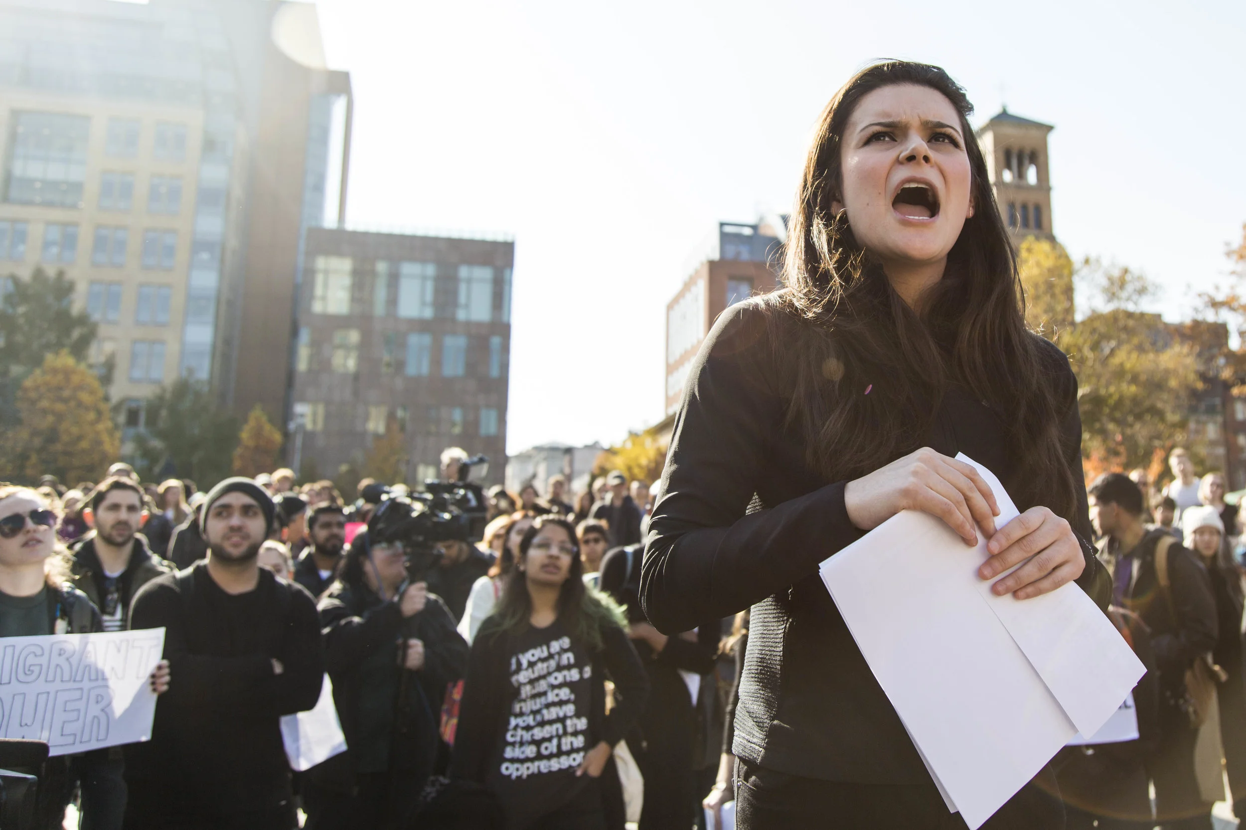 An NYU student led walk out in Washington Square Park against the Trump campaign.