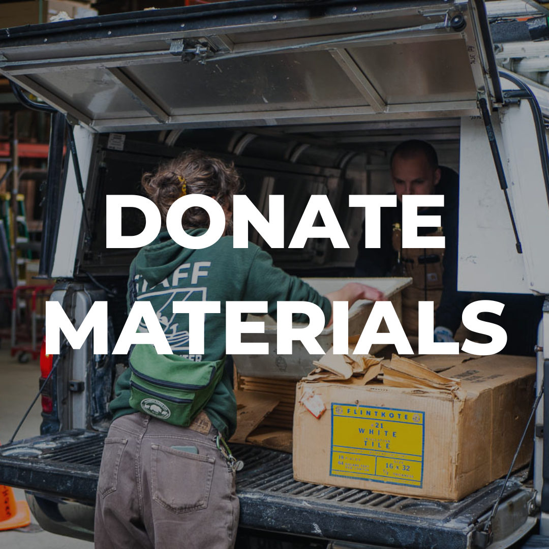 DONATE MATERIALS with a background image of a woman unloading donations from the back of a truck.