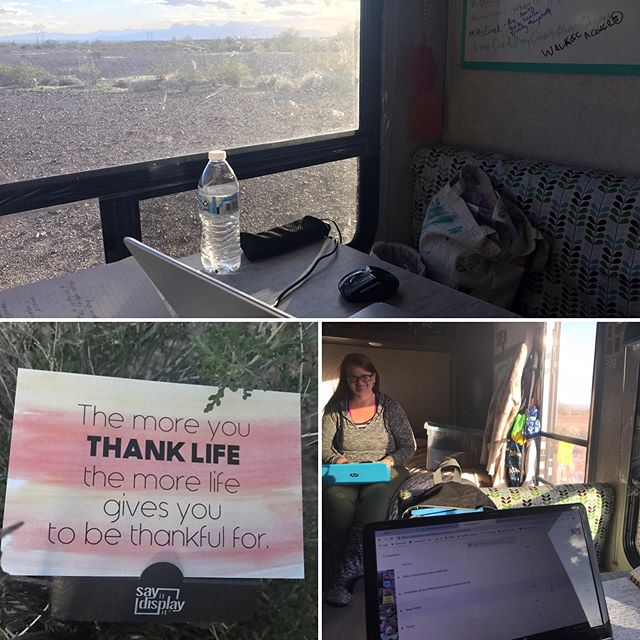 Got to spend a few hours working in my awesome romance author friends @josephinebeintema travel trailer today.. beautiful BLM land in Arizona, fabulous view.. a break from Serenity Sedan #thankfulquotes #offthegrid #nomadiclife #empowering #watercolo