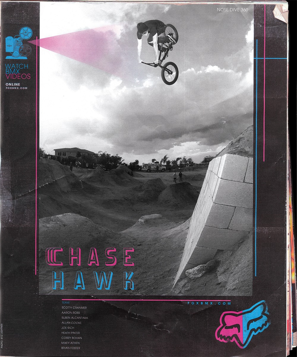 RIDE BMX Magazine • Fox Racing Ad • Chase Hawk, Nose Dive 360.