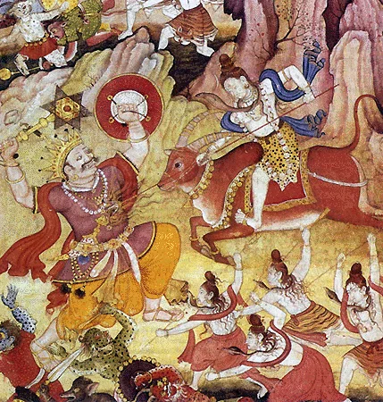 ŚIVA the god of destruction and master of Yogins with a band of ascetic warriors battle the demon Andhaka in the Puranas .