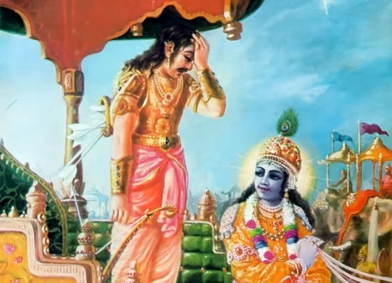 Arjuna loses composure just before battle and questions his own purpose leading Krishna to impart the wisdom of yoga in the Bhagavad Gītā .