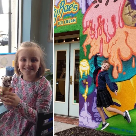 Zaria, our first customer. In Waldo on opening day (2016) on the left, and jumping for joy in the River Market (2018) on the right!