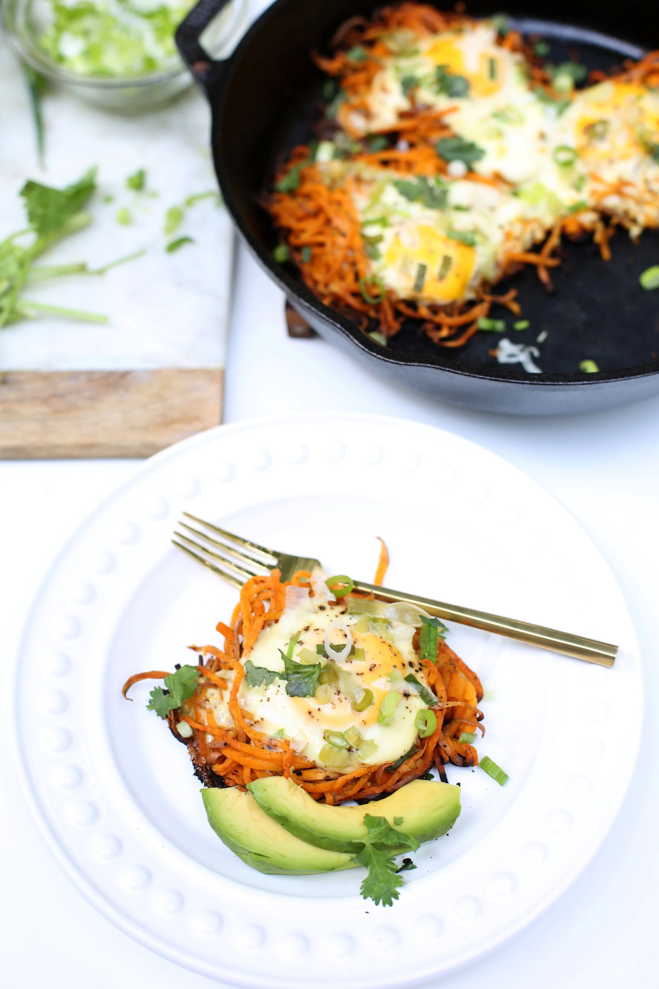 Spiralized Sweet Potato Egg Nests - Downshiftology