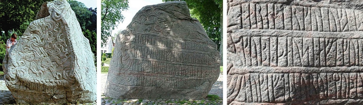  Left: The runestone of King Harald Bluetooth, carved around A.D. 965 in Jelling, Denmark. Middle: The larger Jelling stone. Right: Deatail showing rune inscription concerning Harald