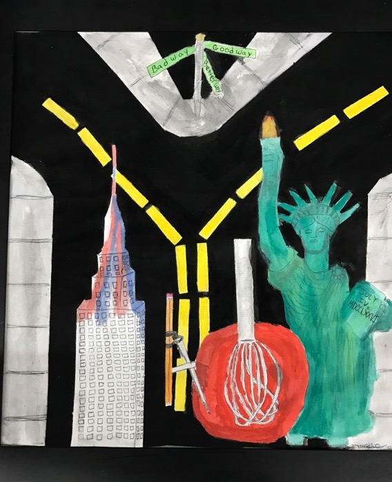 Nico's painting titled Building a Better New York Description: The illustration portrays the Empire State Building to represent "Building", a protractor to representthe letter "A", a whisk inside of a red velvet cake batter to represent "Better", and the Statue Of Liberty to represent "New York", even though the presence of the Empire State Building should already indicate that fact. Individuals should read this portrait from left to right in order to gain the insight of Building a Better New York. In addition, there's a street sign to represent which direction people can choose: the possibility of a good route, a bad route or perhaps a better route where the road splits up into two. Mr. Isaac is trying to demonstrate to the public of making a choice in which people can be impacted negatively or positively.
