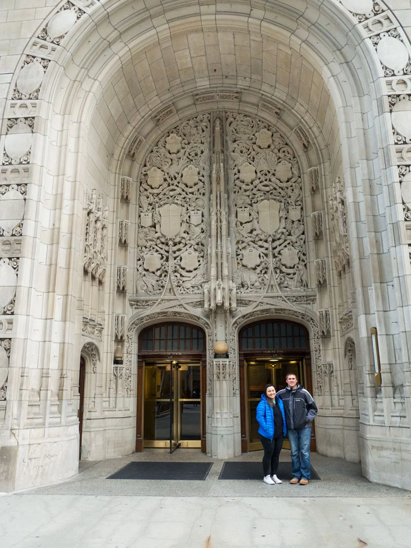 Brady + Kelsi outside of the Tribune Tower
