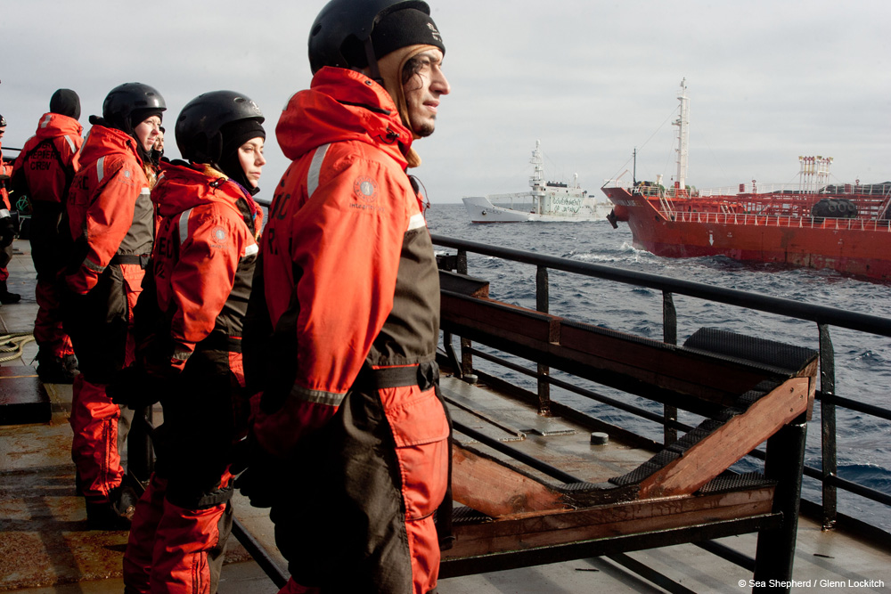 Katie on the deck (3rd person back) with her deck crew of the Bob Barker in Antarctica