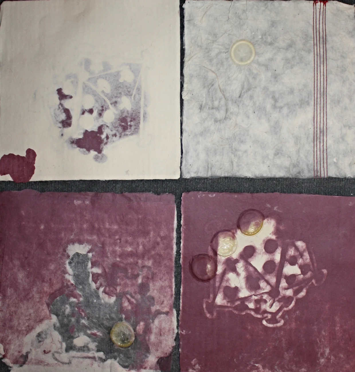  collage, handmade paper with stencil, 8"x 8" squares each 