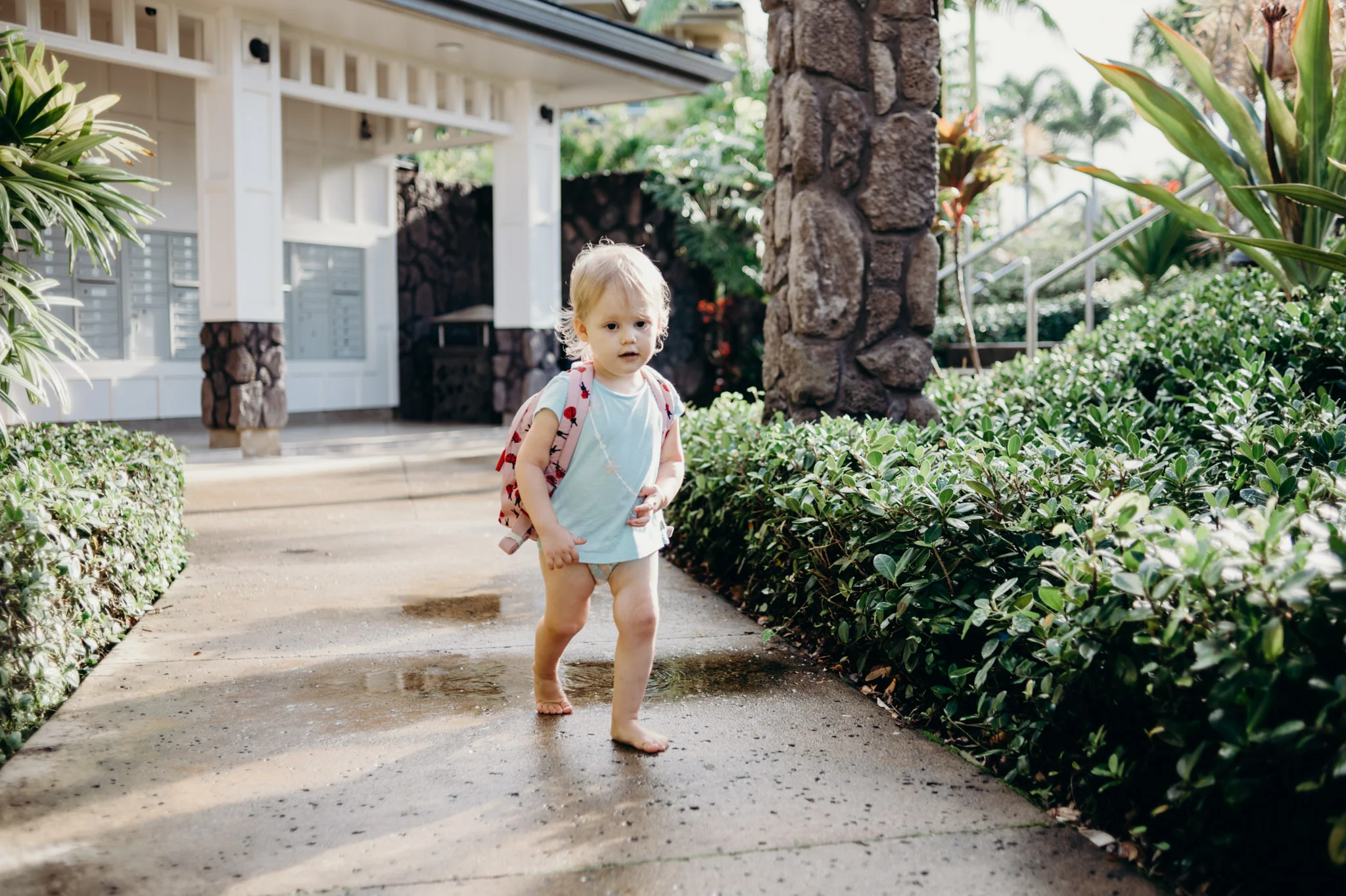 5 0’clock roles around and we do our nightly routine. We walk around Ka’iulani exploring. Leya is excited because she thinks we’re staying, and she is testing out a new backpack.