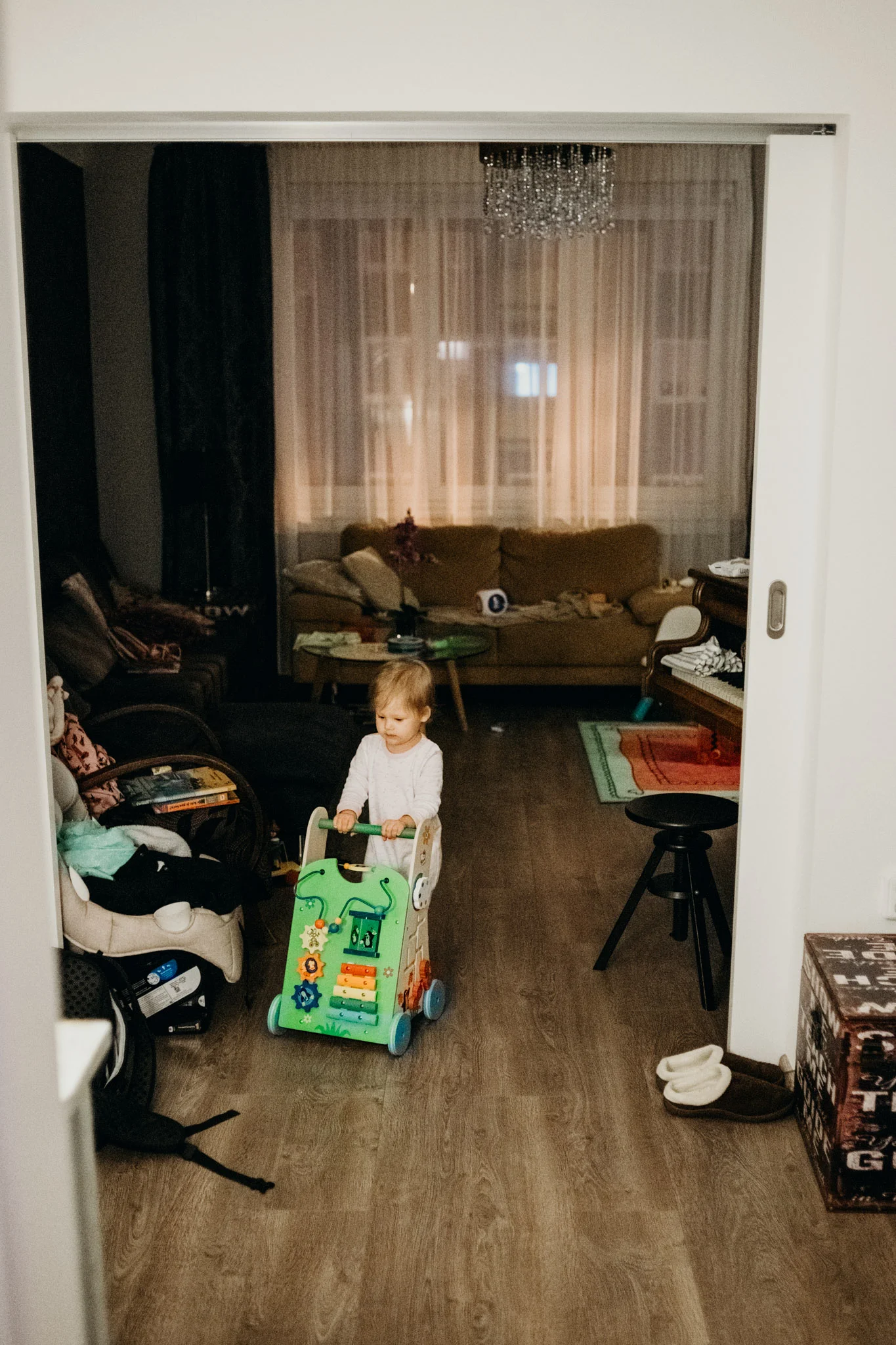 Leya is happy to see old toys that she remembers. She pushes around the walker during our first night waking up at 1am.