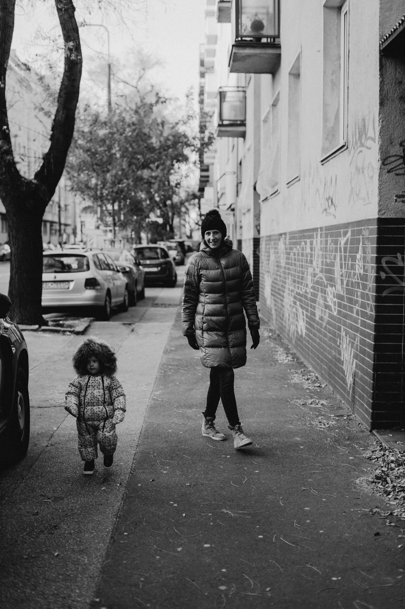 First time walking the streets by herself in Bratislava. Leya, not Sylvie. Sylvie has walked them many times by herself.