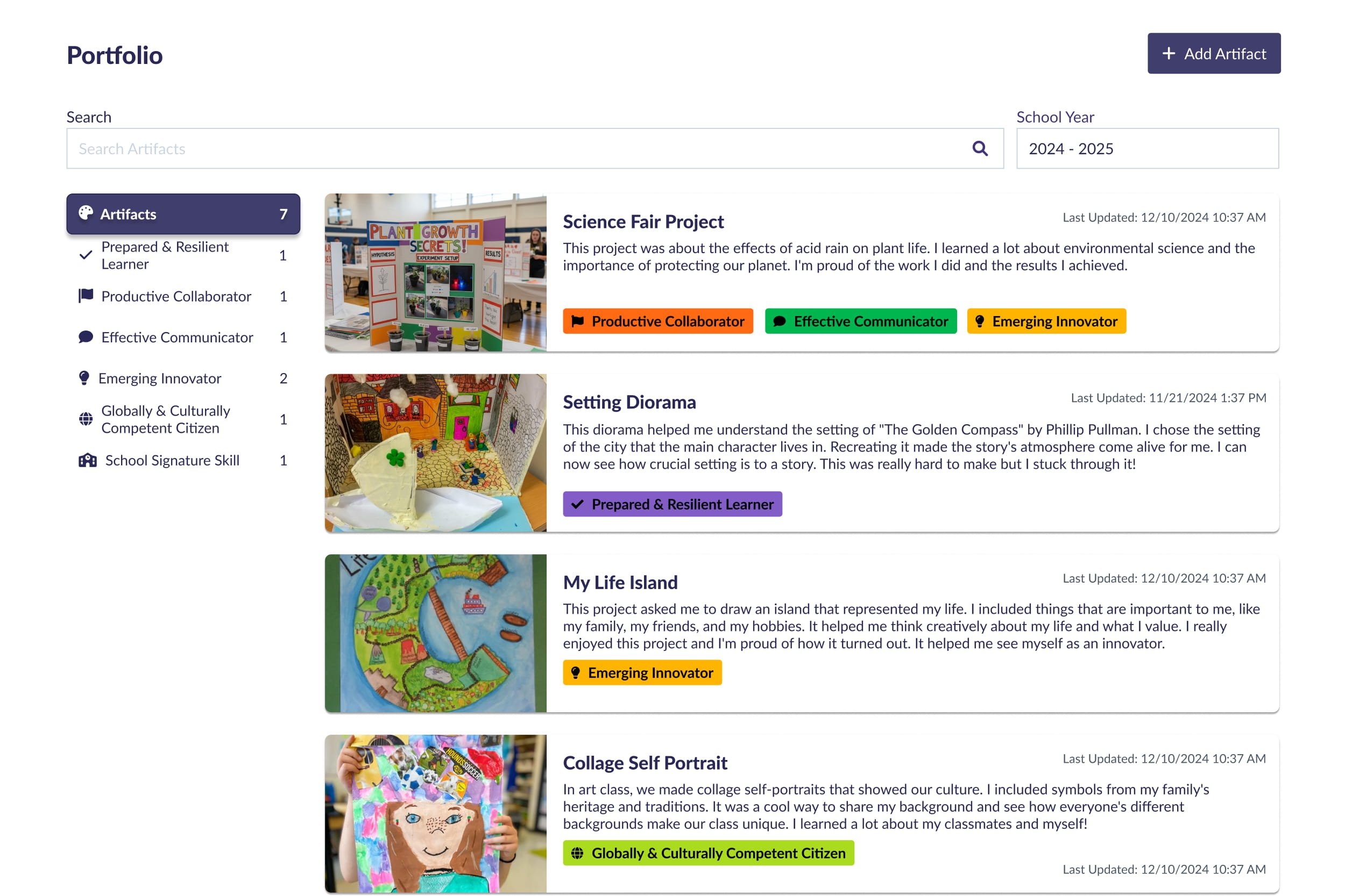 The home page of a student portfolio