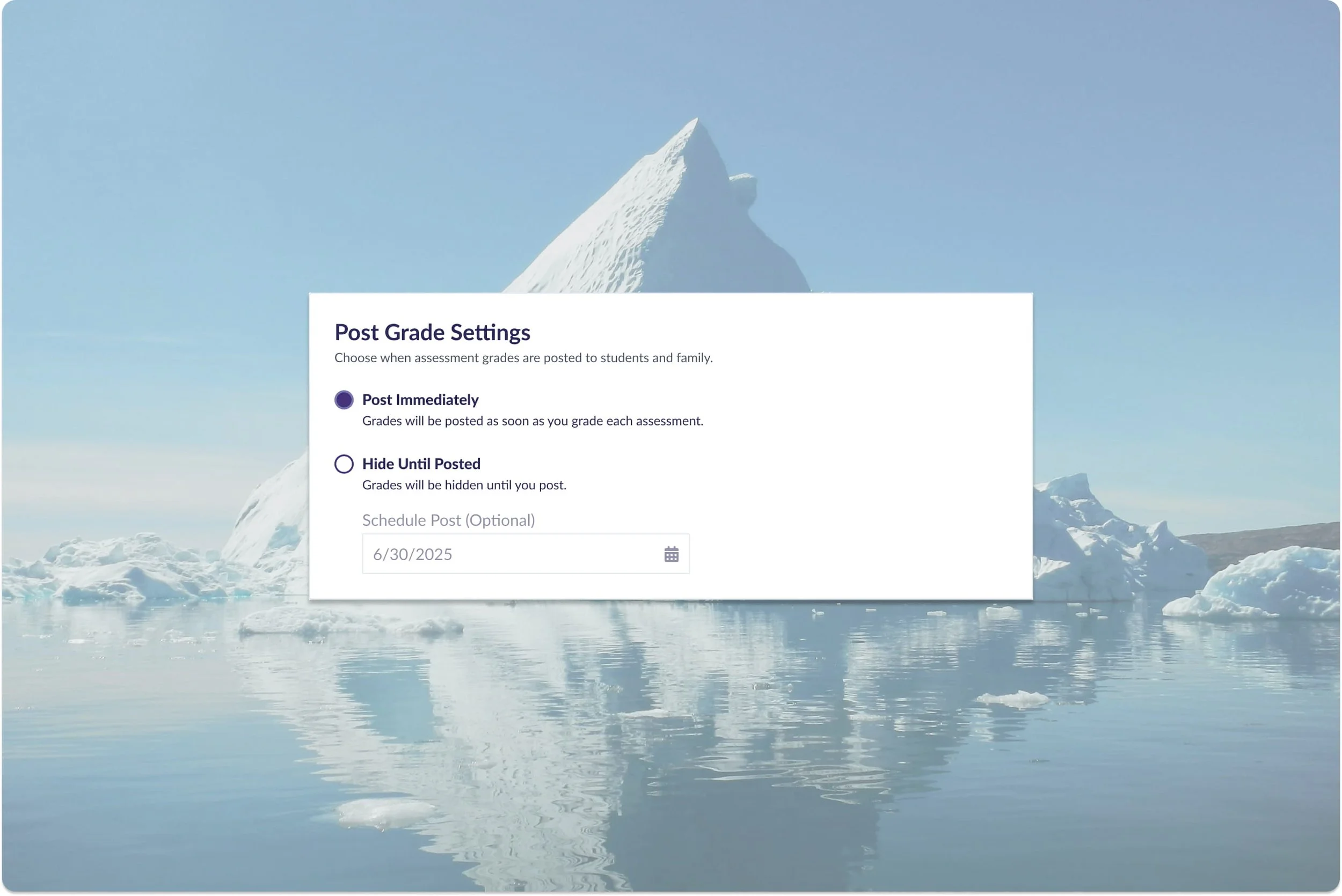 A snippet of a selection for an assignment setting against a background image of an iceberg