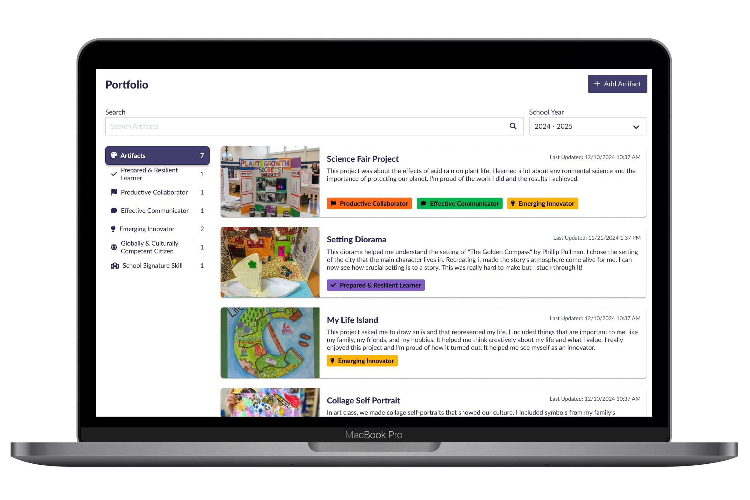 An online student portfolio on a Macbook pro screen