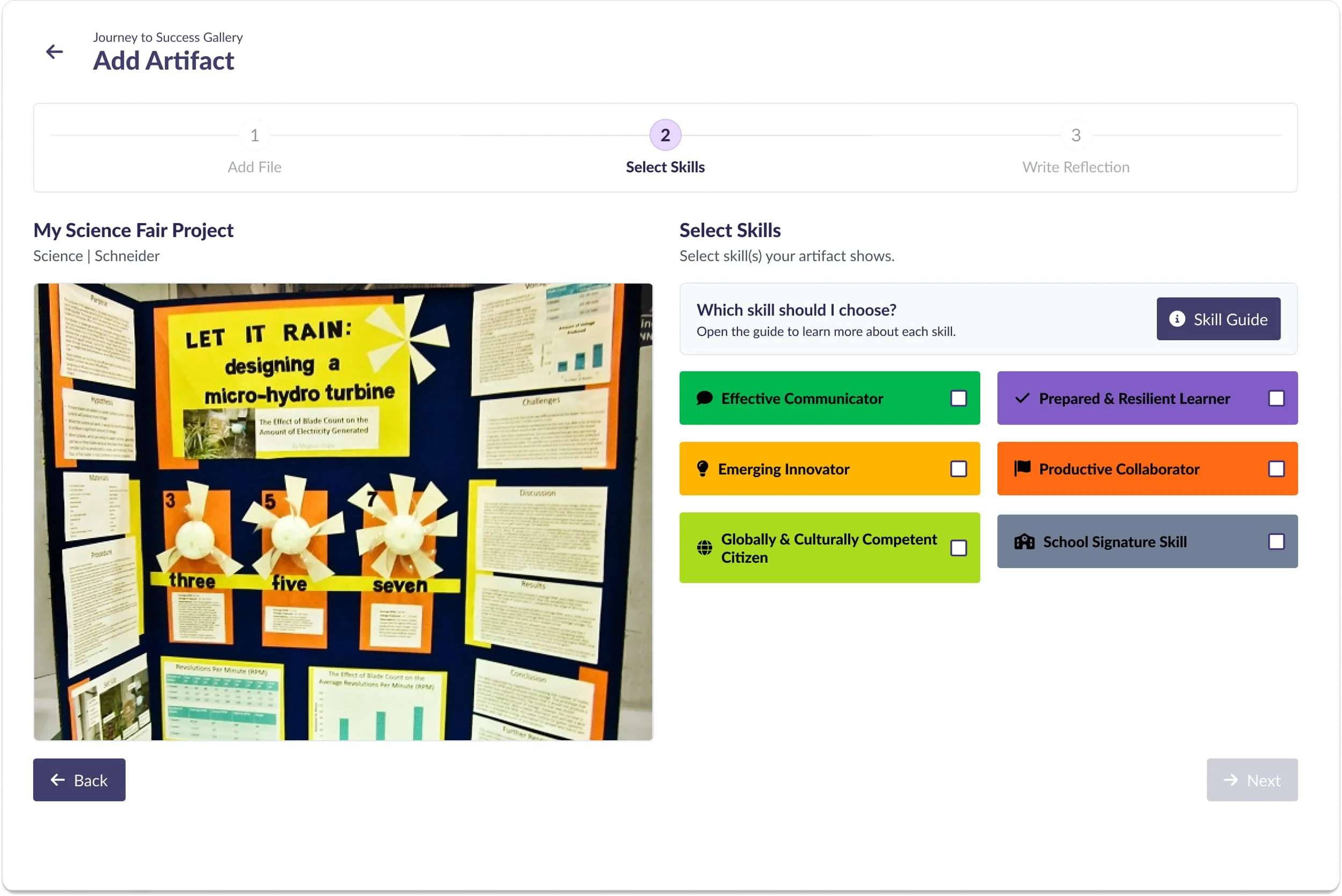 Step 2 - Students select skills on screen and move to next.