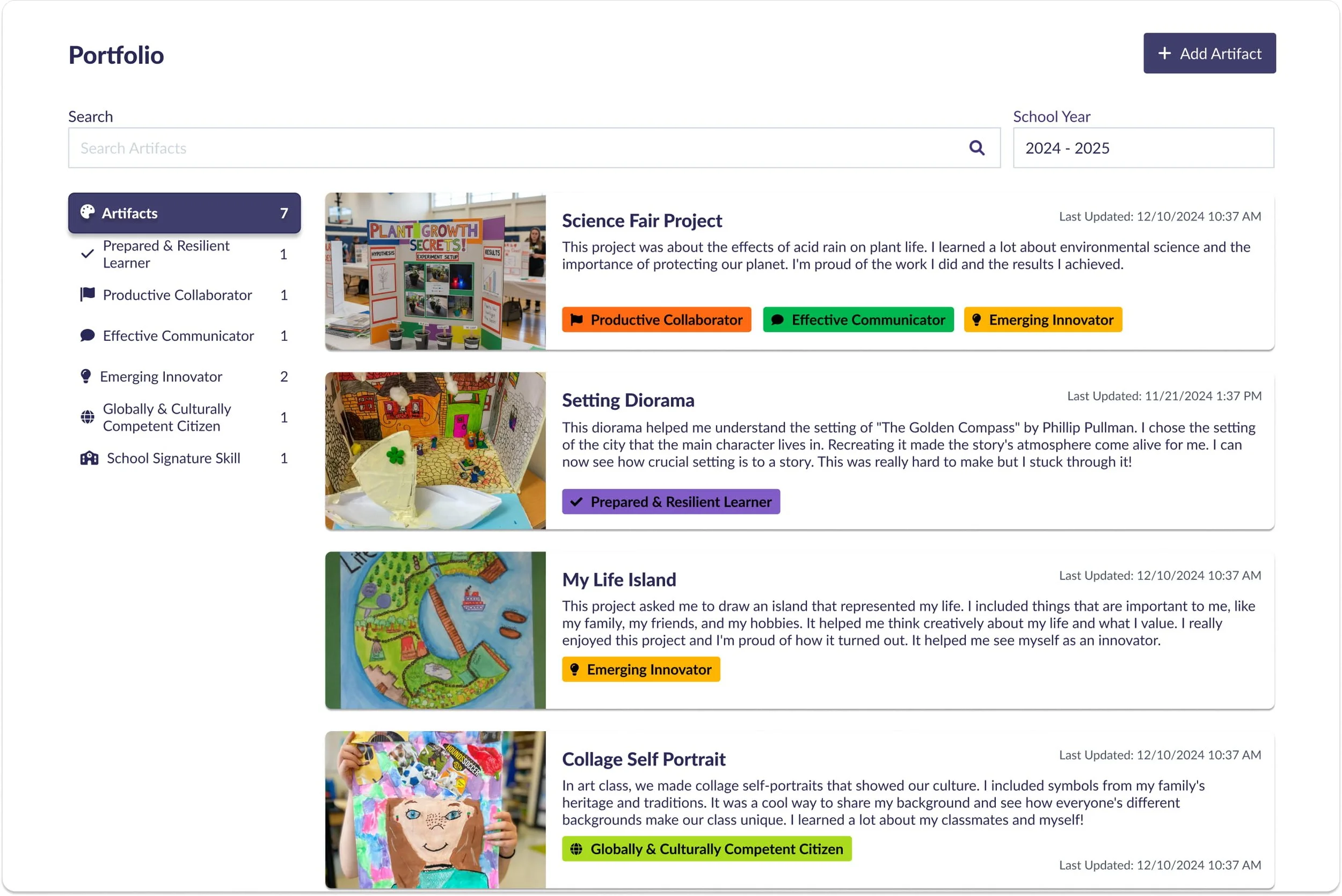 Landing page of a student portfolio