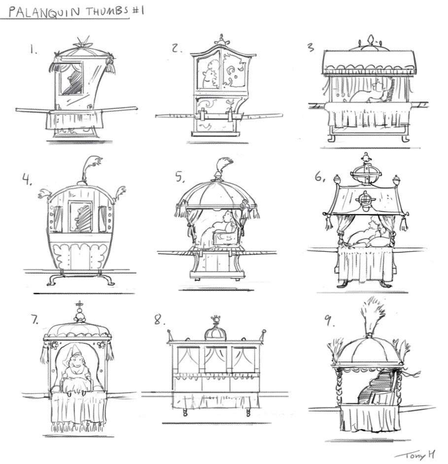 I designed and painted the Palanquin that the princess is sitting in. Here are some early idea sketches.