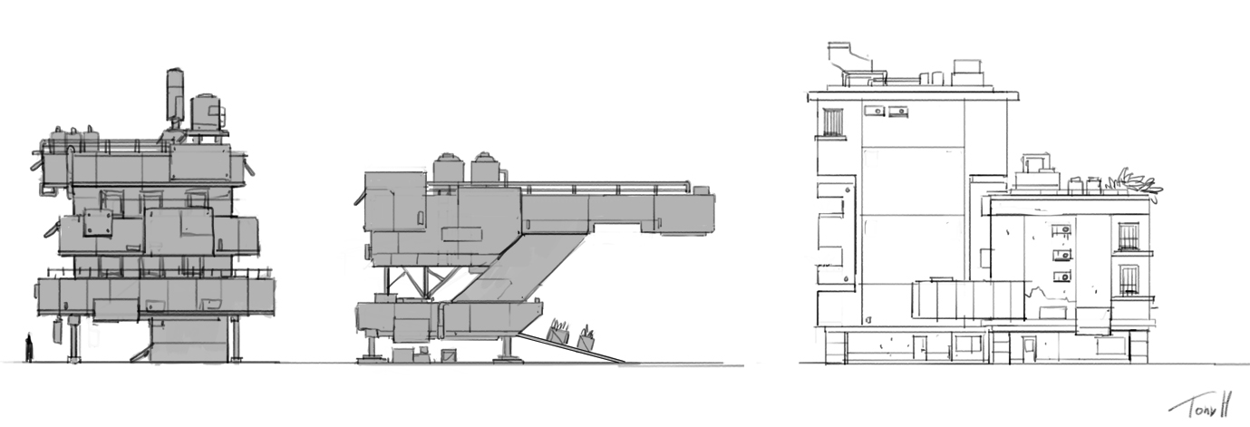 some sketches to help me figure out the design language for the buildings.