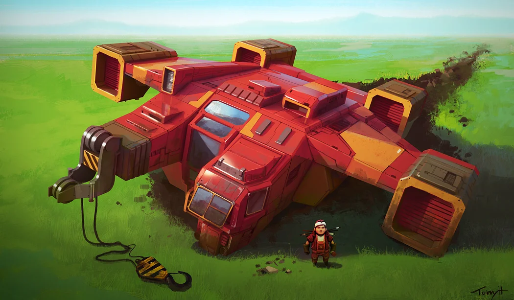 Concept and illustration of the spaceship that the player arrives in.