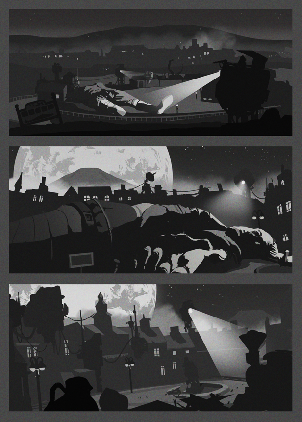 Some composition sketches made before painting the Gulliver stage.