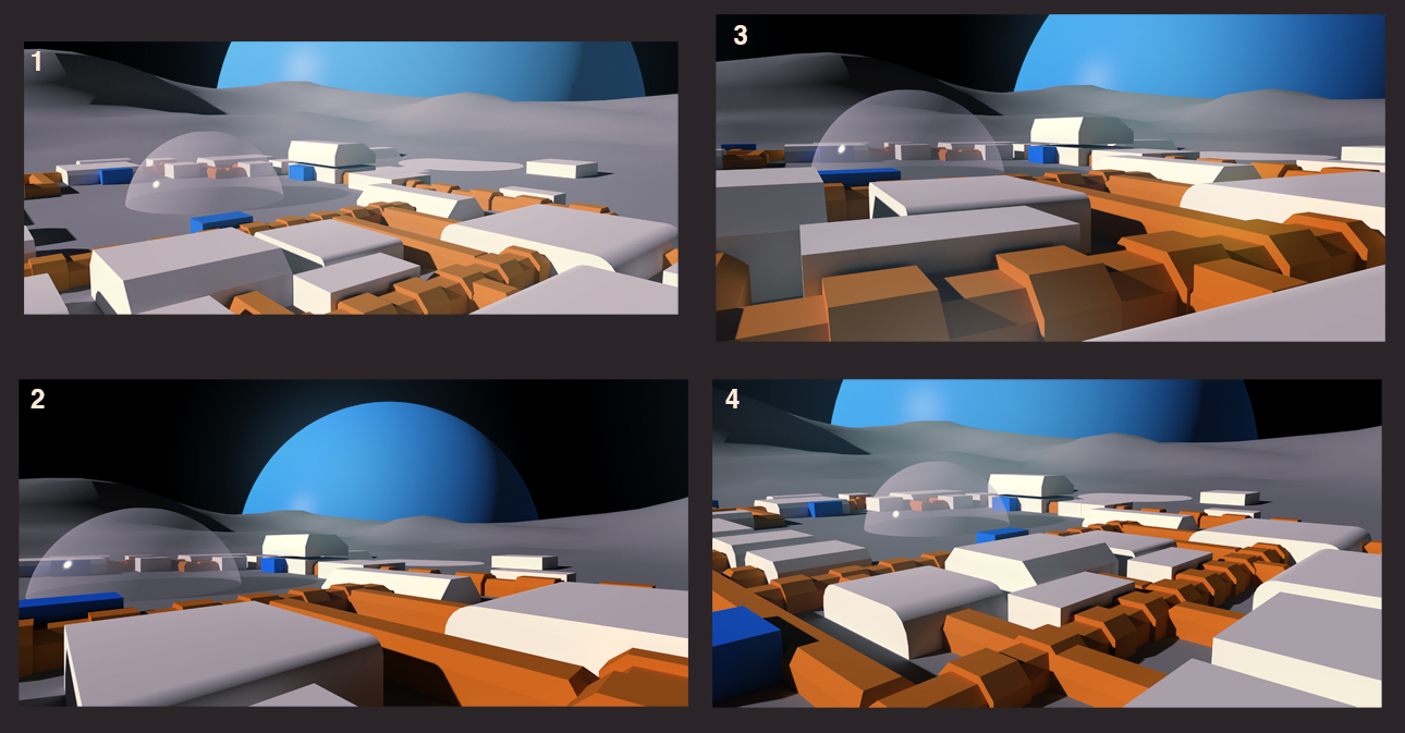 Moon base compositions blocked out in 3D.