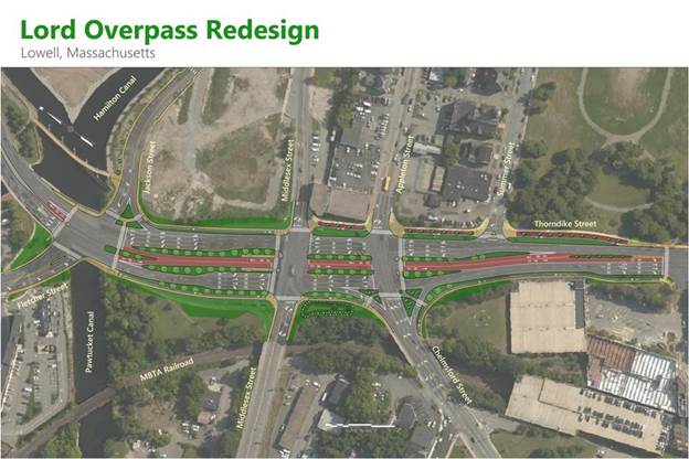 Concept for Lord Overpass project. Thorndike Street will remain open for two-way traffic through the entire project, but have several lanes closed.