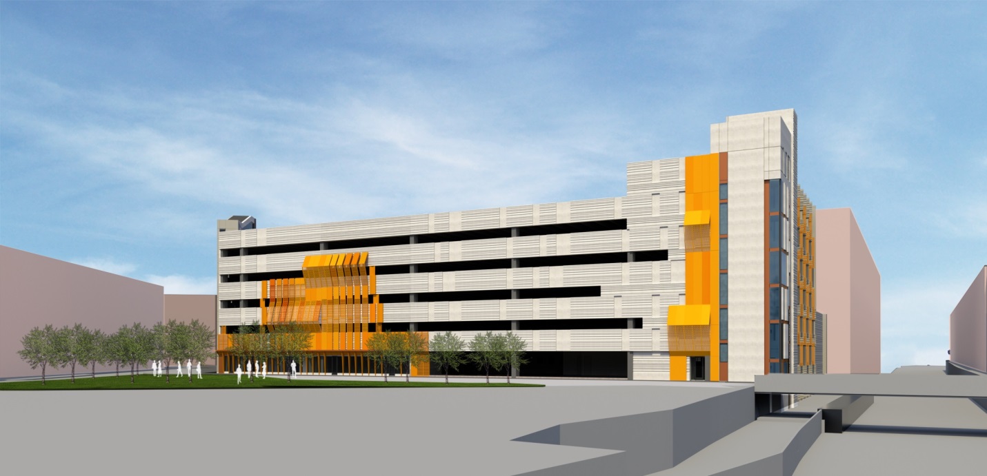 Front face (Signature Bridge to the right) - Retail spaces and garage office will be on this face behind planned park space