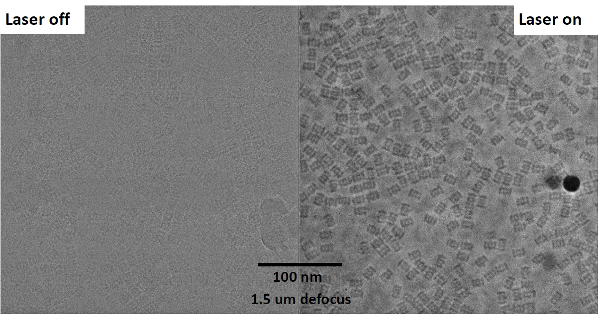 Cryo-EM image with laser off versus laser on