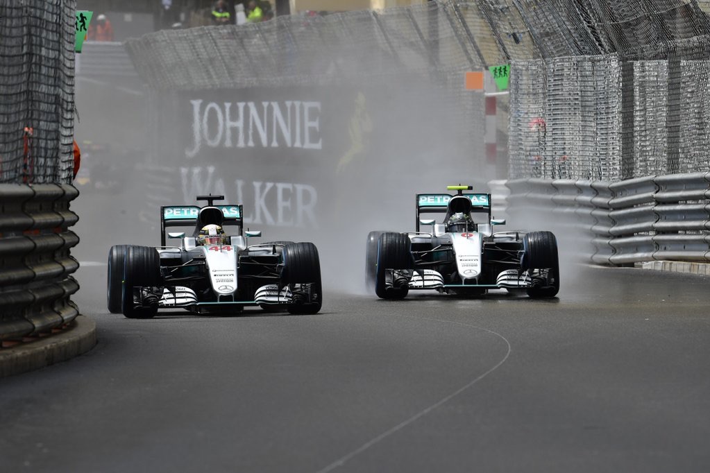 Team mates: Lewis Hamilton & Nico Rosberg mid-race. 