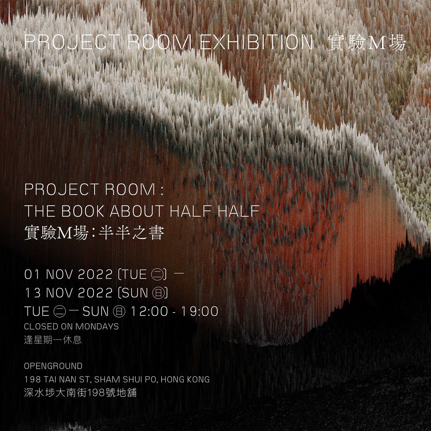 Our 2022 annual MICROWAVE International New Media Arts Festival - HALF HALF 半半opens on Oct 17 to Nov 13. 

Project Room Exhibtion: The book about half half
實驗M場： 半半之書
01/11/22 - 13/11/22 (Openground)

#microwavenewmediaartsfestival 
#微波國際新媒體藝術節 
#202