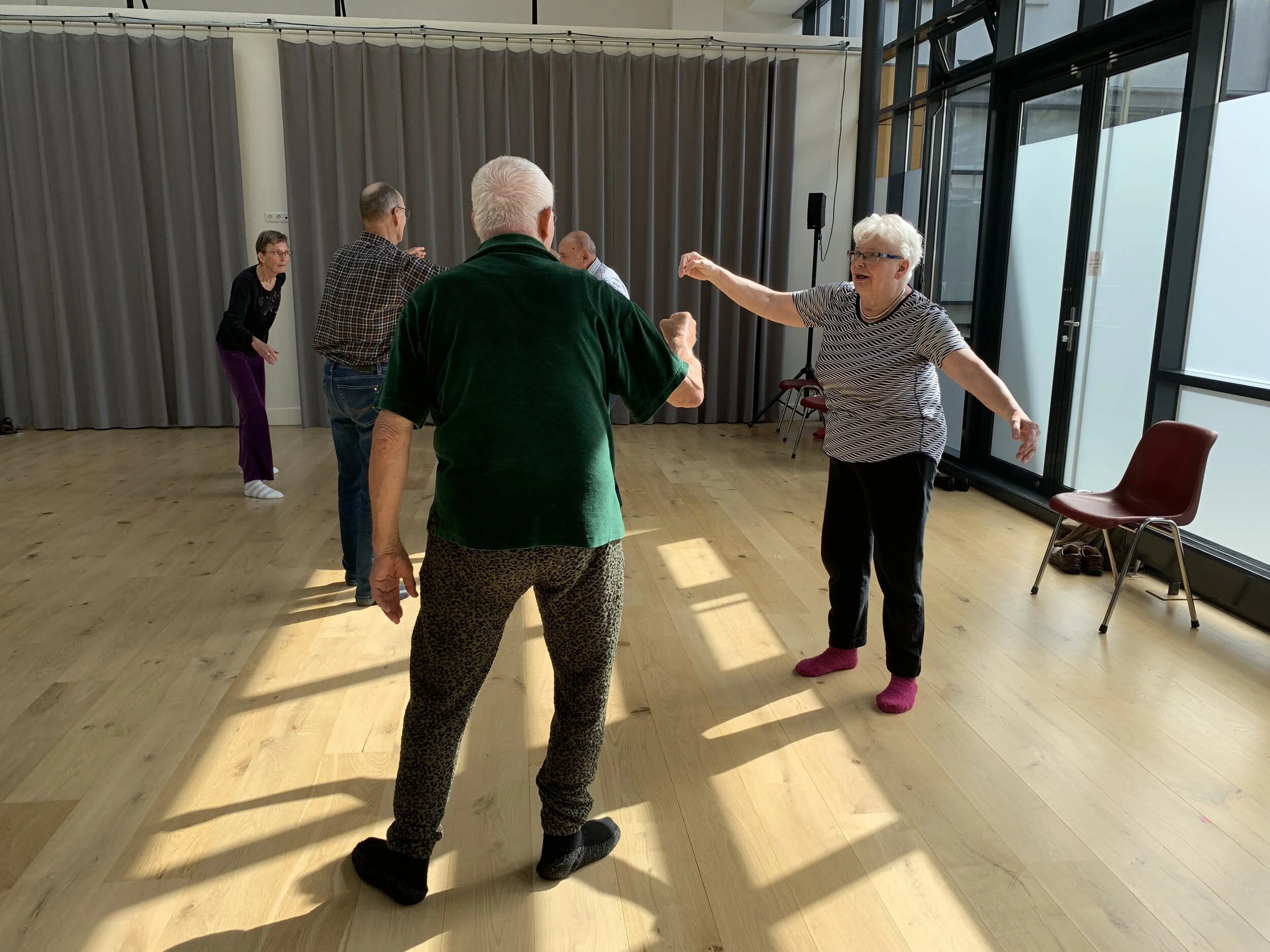 Een groep ouderen die samen dansen of bewegen in een ruimte met grote ramen en een houten vloer.