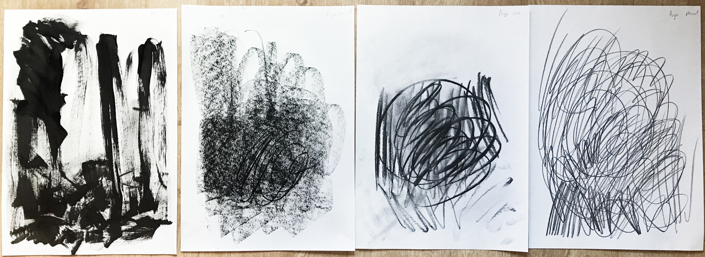 Figure 3: Anger. Materials used from left to right: ink, charcoal stick, charcoal vine, pencil.
