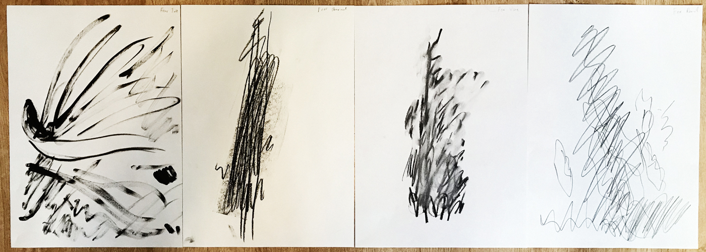 Figure 4: Fear. Materials used from left to right: ink, charcoal stick, charcoal vine, pencil.