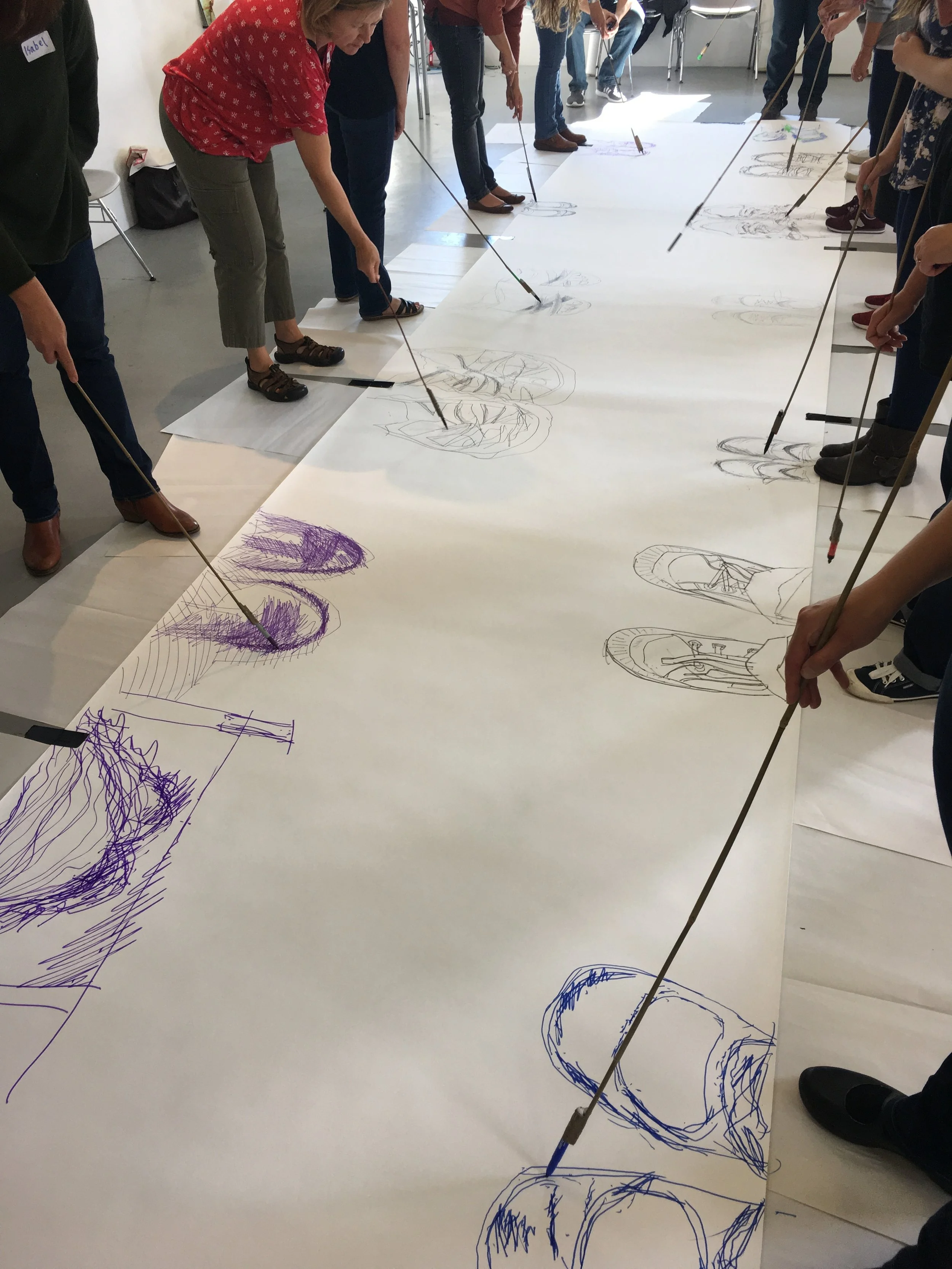  As part of the Arnolfini weekend of workshops, the group experimented with drawing in a collaborative workshop led by artist educator Ben Meredith. 