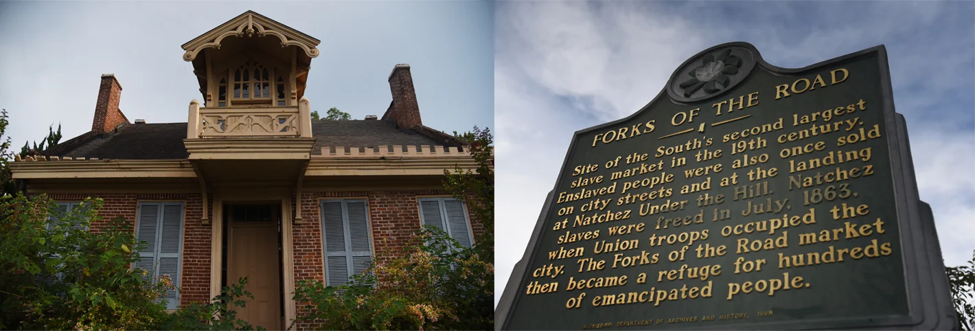 Photos of the historic Angelety House and Forks of the Road historical marker on St. Catherine St. Photographs by Nicole Hester, provided by Miss Lou Heritage Group & Tours.