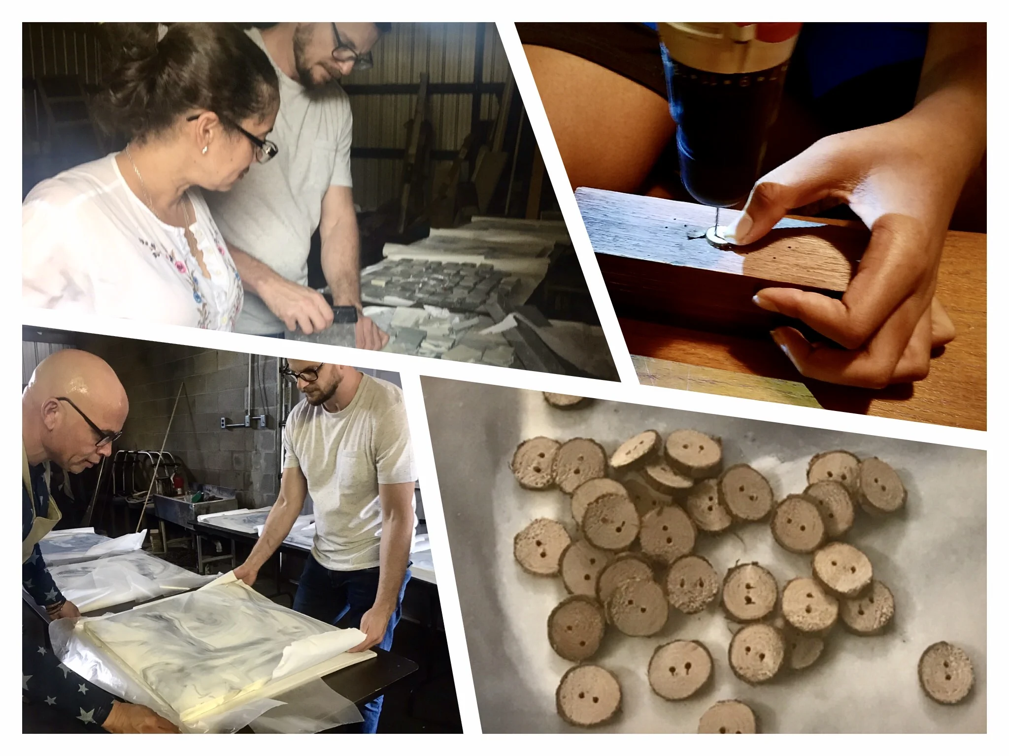 Left: Brazilian artist CADU creates bars of magnolia scented Button Soap with Natchez Mayor Darryl Grennell and Natchez artist and entrepreneur Ann Grennell of Scent From Natchez. Right: Natchez artist Johnnie Griffin and his grandson Daniel J. Hartwell carve the wood buttons from magnolia branches to be inserted into soap bars.