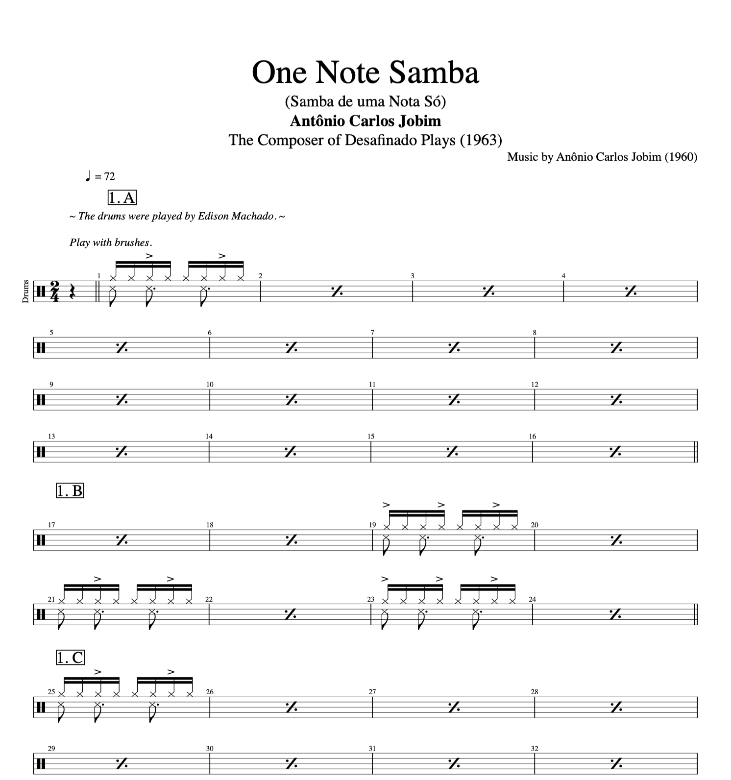 Jobim D One Note Samba de uma nota so só sheet music score partitura notas flute flauta chords acordes cifra piano bass baixo tab tabs transcription guitar violao drums.png