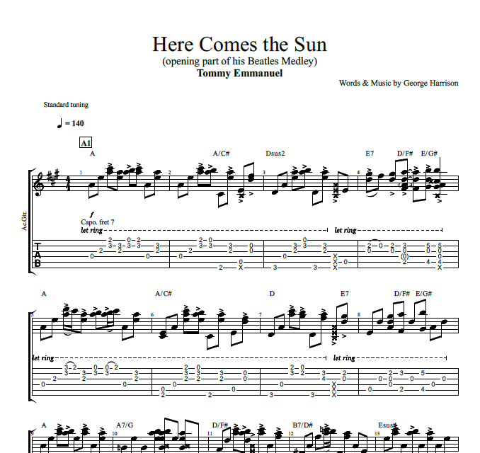 Here Comes the Sun" · Tommy Emmanuel || Tab + + Music Play Like The Greats .com