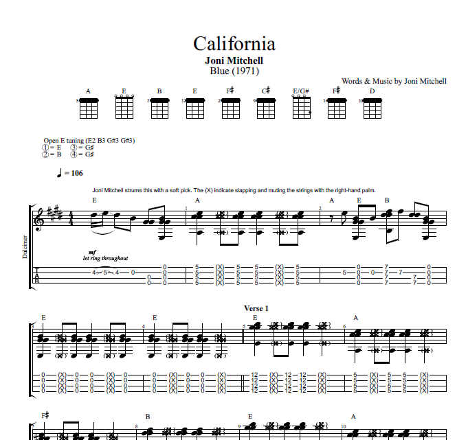 California · Joni Mitchell Guitar Dulcimer Tabs Sheet Music 6682