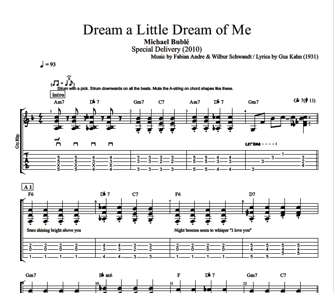 Dream a Little Dream of Me · Michael Buble || Guitar: Tab + Chords +  Sheet Music + Lyrics — Play Like The Greats .com