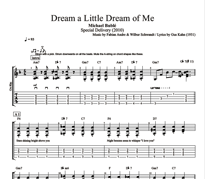 Dream A Little Dream Of Me Michael Buble Guitar Tab Chords Sheet Music Lyrics Play Like The Greats Com