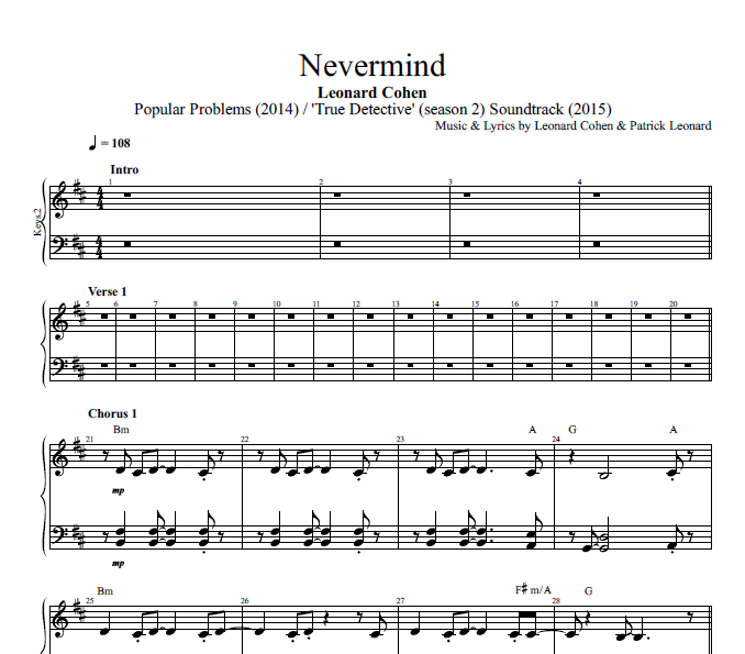Nevermind Leonard Cohen Piano Bass Sheet Music Chords Tabs Play Like The Greats Com