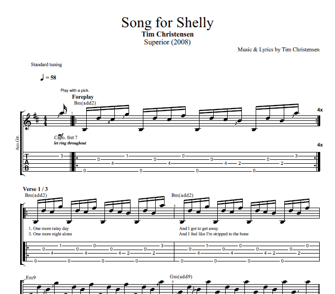 Song Shelly" · Tim Christensen || Guitar: Tab + usic + + Lyrics — Play Like The Greats .com