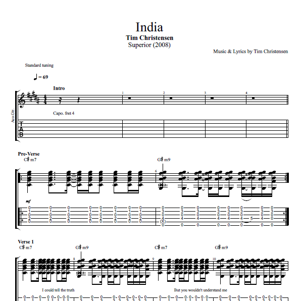India" · Tim Christensen || Guitar: Tabs + Sheet music + Chords + Lyrics — Play Like Greats .com