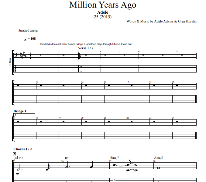 "Million Years Ago" by Adele Guitar + Bass: Tabs + Sheet Music + ...